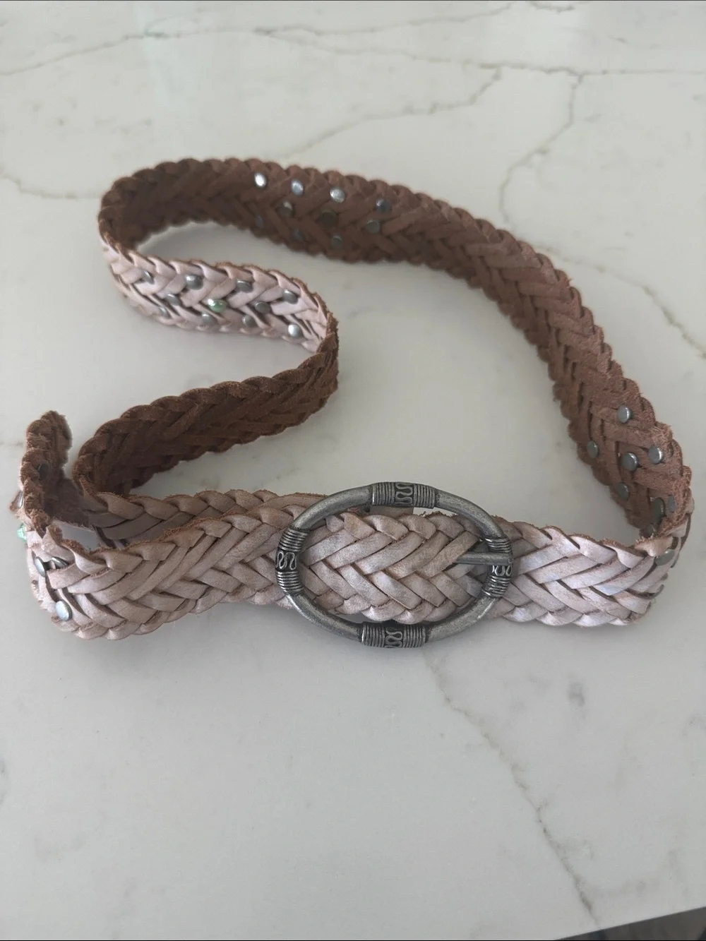 Free People Braided Two-Tone Blush Belt with Oval Silver Buckle
